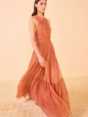 NWOT ULLA JOHNSON Freesia Crinkle Silk Chiffon Maxi Gown in Saffron M $990